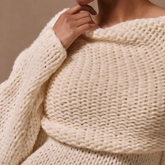 Cream Casual Women's Oversized Foldover Boat Neck Knit Jumper - Picture 5 of 5